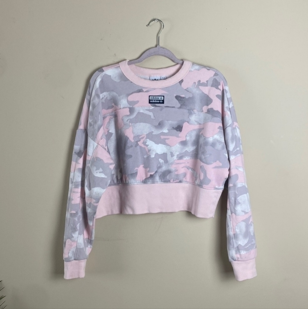 ADIDAS Orginal Camo Cropped Sweatshirt Sweater Pink Gray Size Small - Picture 5 of 10